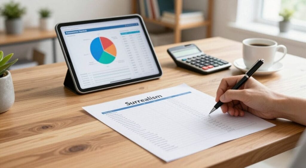 A detailed overview of a residential expense tracking spreadsheet, prominently displayed on a sleek wooden desk. In the foreground, a hand holding a pen is in the process of writing notes on a printed budget sheet, highlighting various categories of household expenses. In the middle, a digital tablet shows a colorful pie chart depicting budget allocation, surrounded by a calculator and a coffee cup. The background features a softly lit home office space with shelves of books and indoor plants, contributing to a warm and organized atmosphere. The scene conveys a sense of financial empowerment and diligence, with natural light streaming through a nearby window, creating a calm and productive mood. The camera angle is slightly elevated, focused on the desk, showcasing the tools of effective budgeting and finance management. Planilha de Orçamento