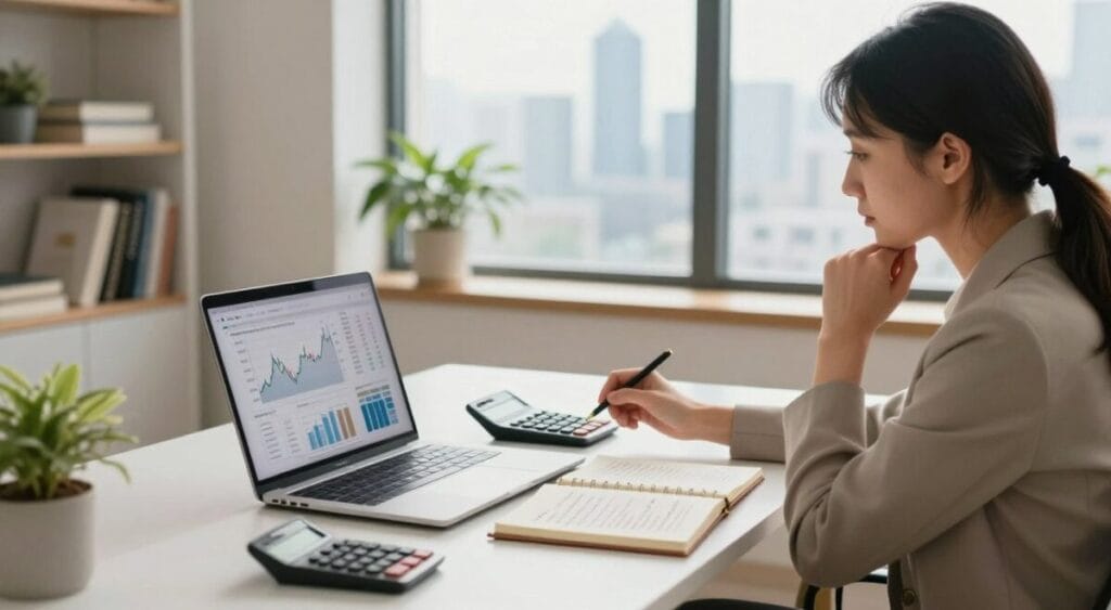 A modern home office setting in 2026, focusing on personal financial planning. In the foreground, a neatly organized desk features a laptop with financial charts on the screen, a calculator, and a notebook filled with handwritten notes. A professional woman in business attire is analyzing the data, looking thoughtful. The middle ground includes shelves with financial books and a plant for a touch of life. The background shows a large window with natural light pouring in, offering a view of a futuristic city skyline. The atmosphere is serene and organized, conveying a sense of empowerment and clarity in financial management, with a warm and inviting color palette. Use a soft focus effect to enhance the mood. Regra 50 30 20