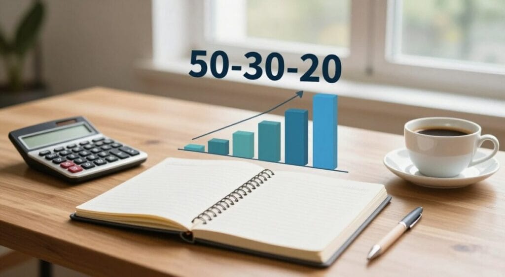 A professional-looking workspace with a wooden desk in the foreground, featuring a neatly arranged notebook, a calculator, and a cup of coffee, symbolizing personal finance planning. In the middle, a visual diagram illustrating the 50-30-20 rule, creatively represented with pie charts or stacked bar graphs, emphasizing the allocation of expenses into needs, wants, and savings. The background shows a soft-focus window with natural light streaming in, creating a warm and inviting atmosphere. The overall mood is calm and organized, inspiring a sense of productivity and financial control. The scene should be shot from a slightly elevated angle to capture all elements clearly, emphasizing a professional and motivational ambiance. Regra 50-30-20