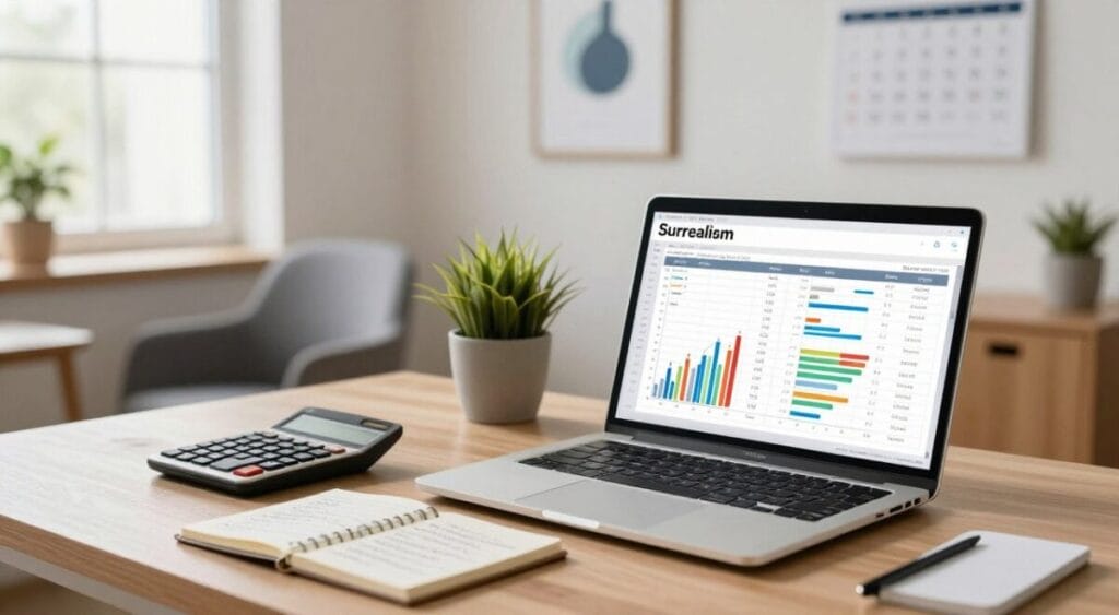 A well-organized personal finance spreadsheet displayed on a modern home office desk. In the foreground, a laptop open to a detailed budget spreadsheet, with colorful graphs and charts visible on the screen. To the side, a sleek calculator and a notepad with handwritten financial notes. The middle ground features a cozy chair and a small potted plant, symbolizing growth and stability. In the background, soft natural light filters through a window, creating a warm and inviting atmosphere. The walls are adorned with minimalistic artwork related to finance, and a calendar marks important financial dates. The mood is focused and motivational, embodying the theme of financial education. Planilha de Orçamento Doméstico Grátis