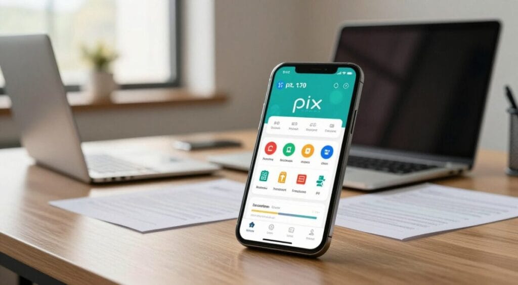 A detailed comparison scene featuring a sleek smartphone displaying a user-friendly app interface designed to identify fraudulent Pix transactions. In the foreground, the smartphone is angled slightly towards the viewer, showcasing vibrant icons and a dashboard filled with security metrics. The middle ground includes a stylish desk with a laptop and papers, symbolizing a professional atmosphere. The background reveals a softly blurred office environment, with warm, inviting light streaming in from a window, creating a sense of focus and clarity. The overall mood is serious yet reassuring, emphasizing security and trust in digital finance.