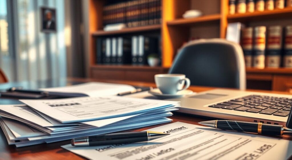 A detailed desk scene capturing a collection of essential documents for scheduling retirement through INSS. In the foreground, there are neatly stacked papers, including forms and identification documents, arranged next to a closed laptop and a stylish pen. The middle layer features a soft-focus view of a cup of coffee, symbolizing a productive work session. The background shows a well-organized office environment, with a glimpse of a bookshelf filled with legal books and resources. The lighting is warm and inviting, casting soft shadows, creating a professional yet relaxed atmosphere. The scene conveys a sense of preparedness and professionalism, ideal for illustrating the documentation required for retirement applications.