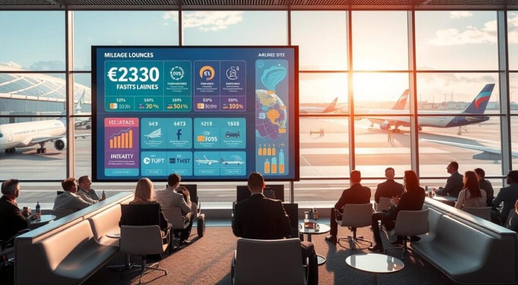 A futuristic airport lounge scene highlighting trends in mileage programs for 2026. In the foreground, a diverse group of professionals in business attire is seated at sleek, modern furniture, engaged in discussions. The middle layer features a large digital display showcasing various airline loyalty programs, with vibrant graphics illustrating points accumulation and travel benefits. The background depicts large windows with a view of advanced airplanes on the tarmac and a bright, sunny sky, suggesting a sense of innovation and advancement in travel. Soft, ambient lighting enhances the atmosphere, creating a welcoming and aspirational mood. The composition captures the essence of a contemporary travel environment, focusing on the evolution of loyalty programs.