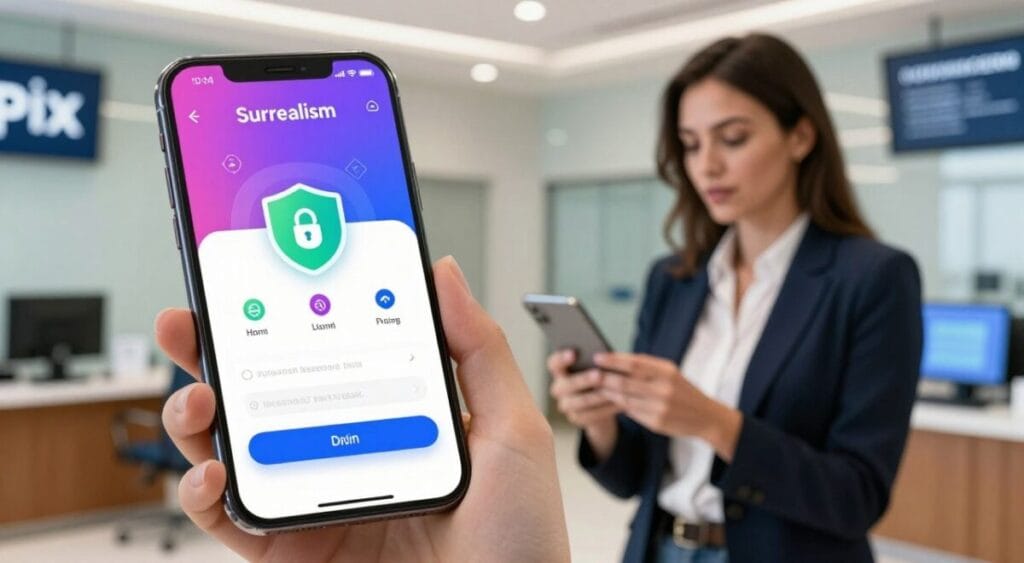 A modern digital interface showcasing a fictional fraud prevention app designed for financial security, focusing on Pix payments. In the foreground, a sleek smartphone displays a vibrant, user-friendly app interface with icons representing security features, such as biometric login, alerts, and transaction monitoring. In the middle ground, a professional user, a businesswoman in smart casual attire, interacts with the app, looking focused and engaged. In the background, a contemporary bank office setting with subtle hints of technology, like computer screens and digital displays, enhances the context. The lighting is bright and inviting, creating a sense of safety and professionalism. The overall atmosphere conveys trust, efficiency, and innovation in financial technology.