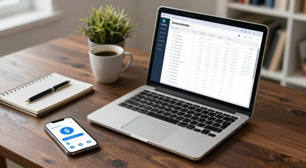 A modern digital workspace featuring a sleek laptop displaying financial tools and apps for fraud prevention, emphasizing themes of security and financial protection. In the foreground, a smartphone shows an intuitive user interface with icons related to anti-fraud measures like secure transactions, alerts, and password management. The middle ground reveals a dark wood desk with a notepad and pen, symbolizing careful financial planning, while a stylish coffee cup adds a personal touch. In the background, soft-focus elements like a potted plant and a well-organized bookshelf create a professional environment. The lighting is bright but warm, creating a motivational atmosphere. An overhead angle captures the entire scene, highlighting the significance of technology in safeguarding against financial scams.