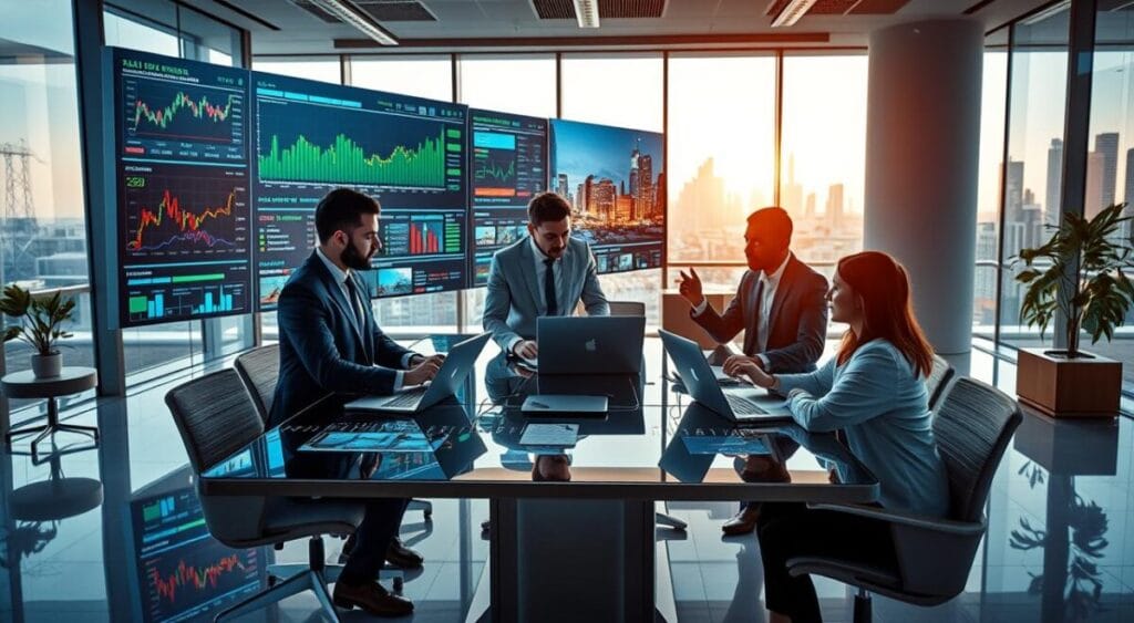 A modern office environment focusing on the analysis of Real Estate Investment Funds (FIIs) through technology. In the foreground, a diverse group of three professionals, two men and a woman, are collaborating around a high-tech conference table, equipped with laptops displaying data charts and graphs. The middle ground features large screens showcasing real-time market data and property listings, with colorful visuals to depict growth and trends. The background consists of a sleek office filled with modern decor, large windows allowing natural light to flood in, and a city skyline visible. The mood is innovative and focused, highlighting the intersection of finance and technology in real estate. The lighting is bright and professional, enhancing the atmosphere of productivity and collaboration.