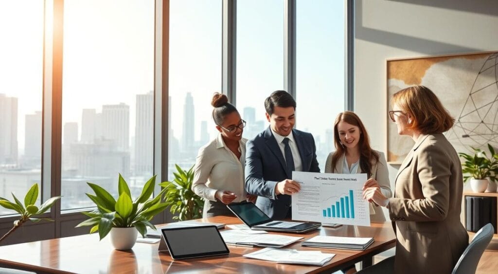 A modern office setting with a large window showcasing a city skyline filled with skyscrapers. In the foreground, a diverse group of three professionals, wearing business attire, are engaged in a discussion over a financial report with charts and graphs highlighting real estate investments. The middle ground captures a conference table adorned with tablets and documents related to real estate assets. The background features green plants and abstract art, enhancing the corporate environment. The lighting is bright and natural, streaming in through the window, creating a hopeful and dynamic atmosphere. The scene conveys a sense of growth and opportunity in the future of real estate investment, reflecting a professional yet inviting mood.