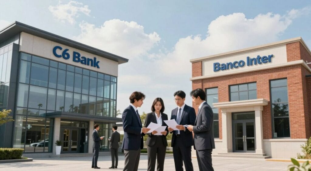 A professional and informative scene illustrating the comparison between Banco Inter and C6 Bank. In the foreground, two polished bank buildings representing each institution, distinct in design—one featuring a sleek, modern glass façade for C6 Bank and a more traditional brick structure for Banco Inter. In the middle ground, a diverse group of individuals, dressed in business attire, are engaged in discussion and examining financial documents, symbolizing analysis and decision-making. The background features a bright, open sky with soft clouds, conveying a sense of optimism and clarity. The lighting is natural, highlighting the bank buildings and the professionals, with a focus on creating a balanced and harmonious composition. The atmosphere is one of collaboration and forward-thinking, perfect for concluding a comprehensive analysis of these banking options.