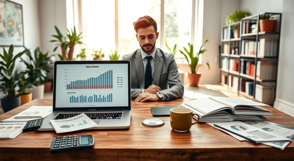 A professional and inviting workspace focused on financial education. In the foreground, a wooden desk with an open laptop displaying investment graphs and charts related to Tesouro Direto. Scattered around are a notepad, a calculator, and some financial literature. In the middle, a thoughtful beginner, a young adult in smart casual attire, intently studying the materials, with a cup of coffee beside them. In the background, a well-lit modern office with potted plants, shelves filled with books on finance, and a large window letting in natural light, creating a warm, motivating atmosphere. The overall mood is educational and inspiring, emphasizing a safe and productive environment for learning about investments. A professional and inviting workspace focused on financial education. In the foreground, a wooden desk with an open laptop displaying investment graphs and charts related to Tesouro Direto. Scattered around are a notepad, a calculator, and some financial literature. In the middle, a thoughtful beginner, a young adult in smart casual attire, intently studying the materials, with a cup of coffee beside them. In the background, a well-lit modern office with potted plants, shelves filled with books on finance, and a large window letting in natural light, creating a warm, motivating atmosphere. The overall mood is educational and inspiring, emphasizing a safe and productive environment for learning about investments.