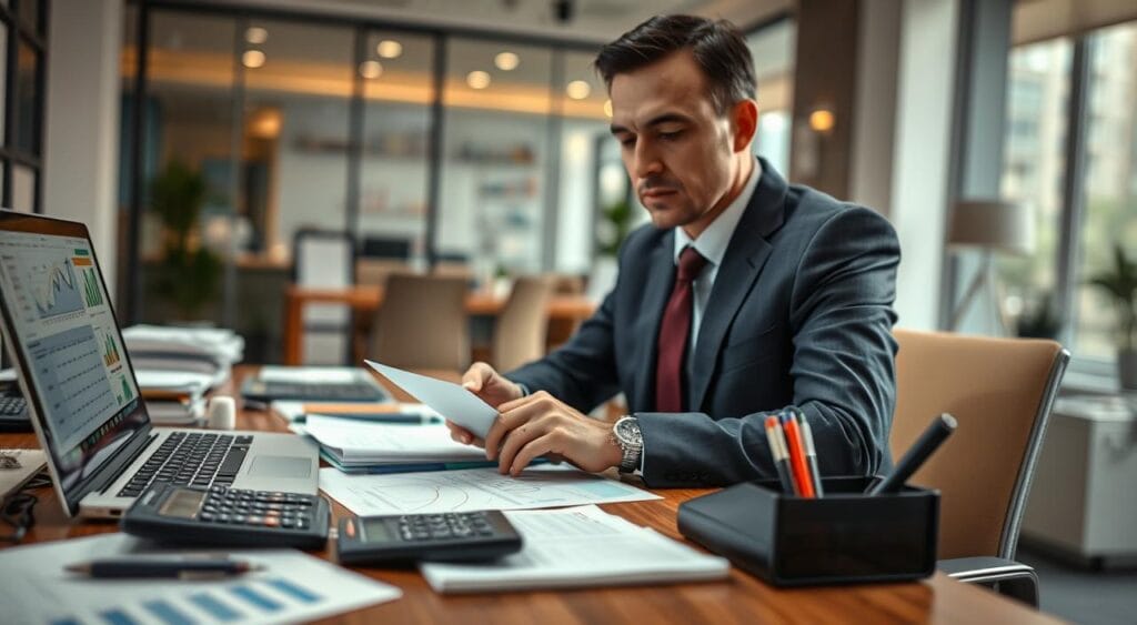 A professional businessperson sitting at a desk, focused on calculating revenue for a microenterprise (MEI). The foreground features a calculator, financial documents, and a laptop displaying charts and graphs. In the middle ground, a cluttered desk reflects a busy work environment, with stationery items like a notepad and pens. The background is softly blurred, showing a modern office with warm lighting that creates a productive atmosphere. The mood is serious and concentrated, evoking dedication to financial accuracy. Ensure the person is dressed in smart business attire, emphasizing professionalism in the task of revenue calculation.