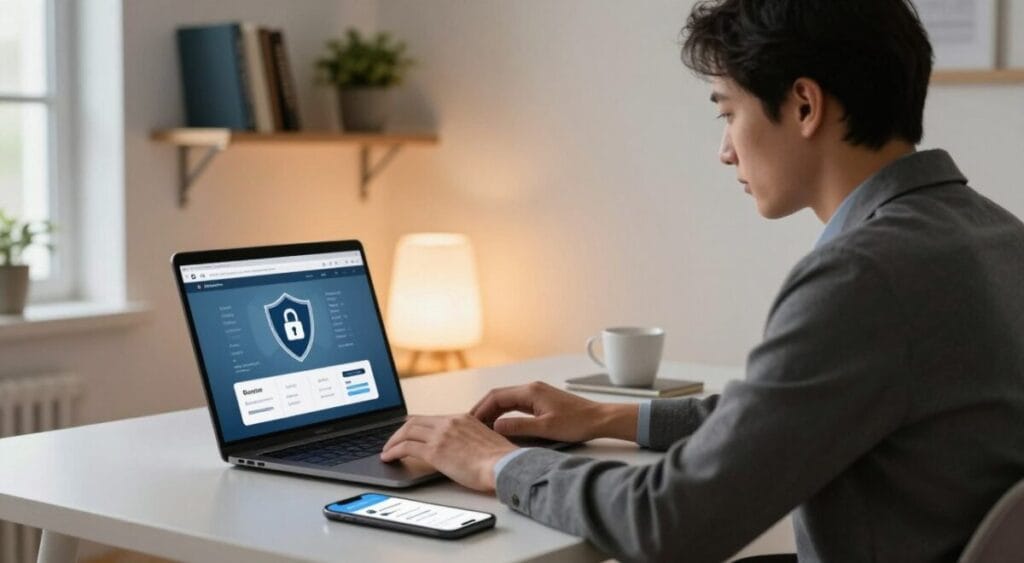 A professional individual sitting at a sleek, modern desk, focused on a laptop displaying a secure financial app interface with visual elements indicating data protection, such as locks and shields. In the foreground, a smartphone is on the desk displaying bank notifications featuring secure transaction details. The middle ground includes a softly glowing lamp casting warm light, creating a sense of security and comfort. In the background, a wall-mounted shelf with various financial books and a potted plant adds a touch of professionalism. The scene is well-lit with natural light coming from a nearby window, casting soft shadows, creating a calm and confidential atmosphere. Emphasize modern technology and a professional, secure environment while ensuring that all subjects are dressed in professional attire.