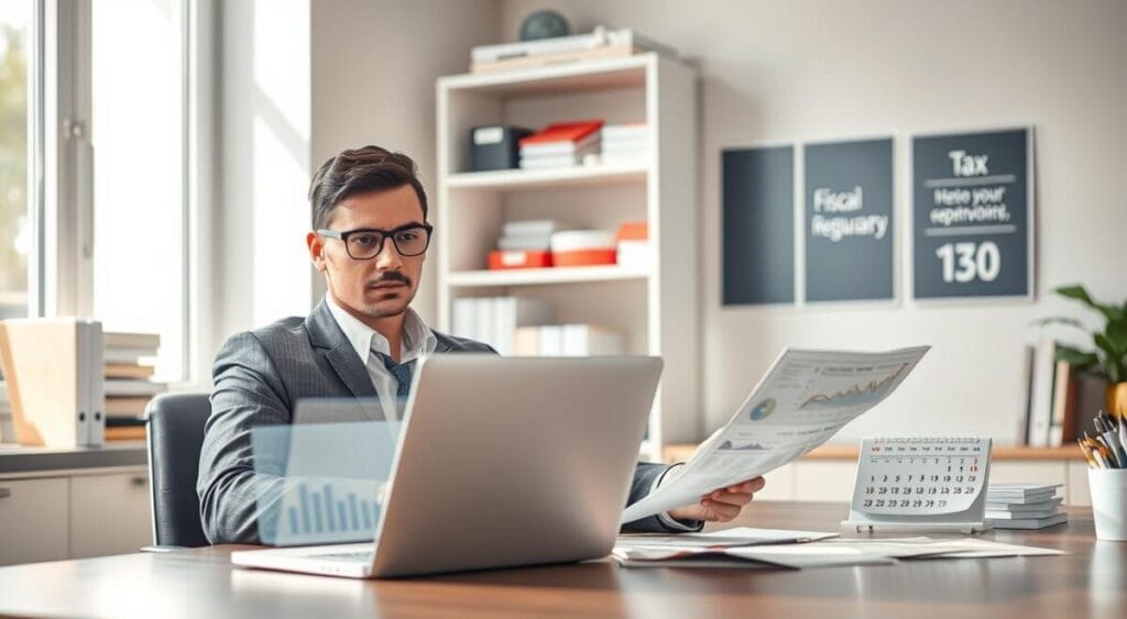 A professional scene depicting an office environment focused on maintaining fiscal regularity as a Microentrepreneur (MEI). In the foreground, a confident individual dressed in business attire is seated at a desk, reviewing financial documents, looking determined and focused. In the middle, a laptop displays graphs and charts that symbolize financial planning, while a small calendar is marked with important tax dates. In the background, shelves filled with neatly arranged office supplies and a motivational poster about fiscal responsibility create an inspiring atmosphere. The lighting is bright and inviting, with natural light streaming in through a window, casting soft shadows. The mood is optimistic and proactive, emphasizing the importance of organization and compliance in business management.