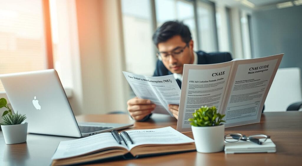 A professional setting depicting a person seated at a desk, engaged in the process of registering a Microenterprise (MEI). The foreground features a focused individual in smart business attire, examining documents related to the CNAE (National Classification of Economic Activities). The middle ground showcases a laptop open with financial forms and an official guidebook titled "CNAE Guide." A plant and a notepad with notes are also present to symbolize organization. In the background, a well-lit office environment with soft, natural light streaming through a window, enhancing a sense of clarity and purpose. The atmosphere is calm, encouraging productivity and focus as the person prepares for a small business venture.