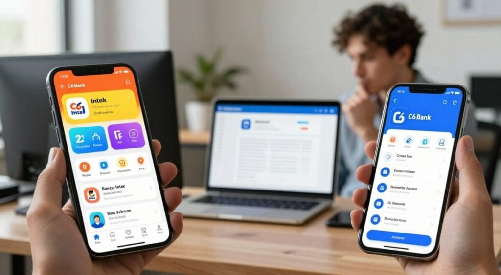 A split-screen image showcasing the mobile applications of Banco Inter and C6 Bank, emphasizing their user-friendly interfaces. In the foreground, display vibrant smartphone screens with the apps open, featuring bright colors and intuitive designs. The middle layer should depict a modern workspace, with a professional individual in smart casual attire, thoughtfully using the apps on a sleek device. The background features a blurred office setting, softly lit to convey a productive atmosphere, with subtle hints of technology like laptops and digital devices. The overall mood should be engaging and informative, suggesting ease of use and modern banking solutions, with a focus on the applications themselves.