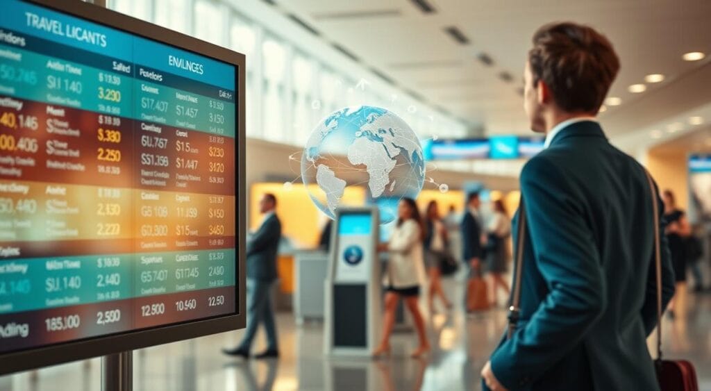 A visually captivating image illustrating the concept of inexpensive airline tickets through mileage points. In the foreground, a digital display board shows various destinations and prices, highlighting affordable options. In the middle, a globe with animated lines connecting different cities symbolizes global travel opportunities. The background features an airport terminal with travelers in professional business attire, interacting with kiosks and conversing, reflecting excitement and anticipation for their journeys. Soft, natural lighting creates an inviting atmosphere, while a slight depth of field focuses on the display board, making it the primary point of interest, enhancing the theme of exploring air travel savings through smart mileage use.