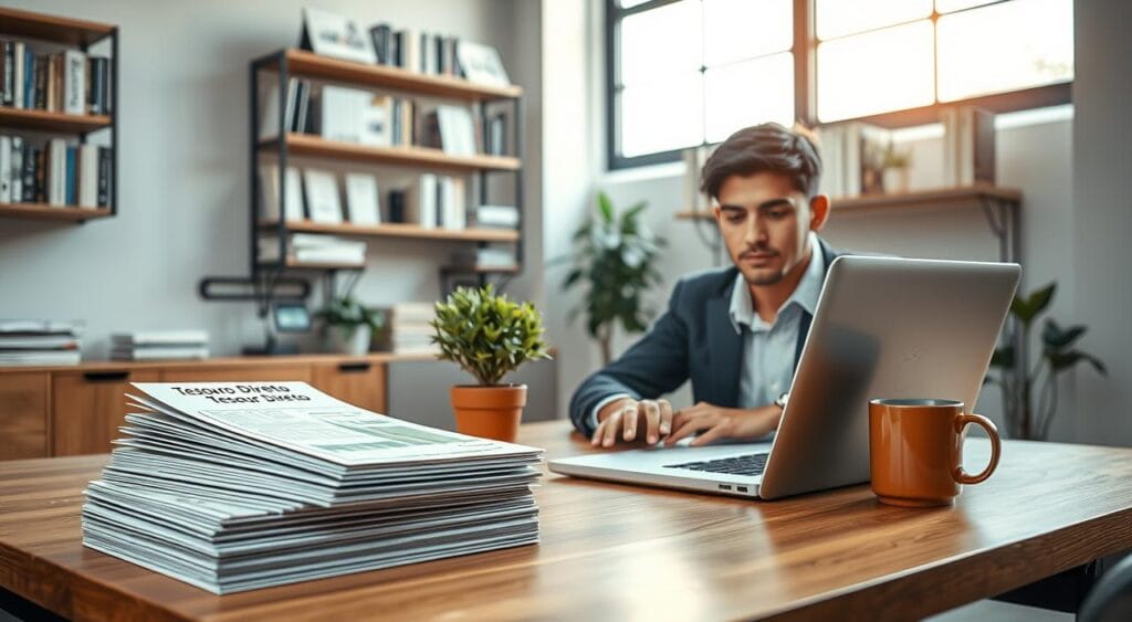 A visually engaging scene depicting a "Tesouro Direto" guide, featuring a young professional in a smart casual outfit seated at a modern desk with a laptop open, displaying financial charts and graphs. In the foreground, a stack of informational brochures about Tesouro Direto is neatly arranged. The middle ground includes a potted plant and a coffee mug, contributing to a cozy, focused work environment. The background showcases a wall-mounted bookshelf filled with financial books and a large window allowing soft, natural light to illuminate the scene. The atmosphere is professional yet approachable, embodying the concepts of investment and financial literacy in 2026. The image should be well-composed from a slight angle, emphasizing the workspace's inviting feel. A visually engaging scene depicting a "Tesouro Direto" guide, featuring a young professional in a smart casual outfit seated at a modern desk with a laptop open, displaying financial charts and graphs. In the foreground, a stack of informational brochures about Tesouro Direto is neatly arranged. The middle ground includes a potted plant and a coffee mug, contributing to a cozy, focused work environment. The background showcases a wall-mounted bookshelf filled with financial books and a large window allowing soft, natural light to illuminate the scene. The atmosphere is professional yet approachable, embodying the concepts of investment and financial literacy in 2026. The image should be well-composed from a slight angle, emphasizing the workspace's inviting feel.