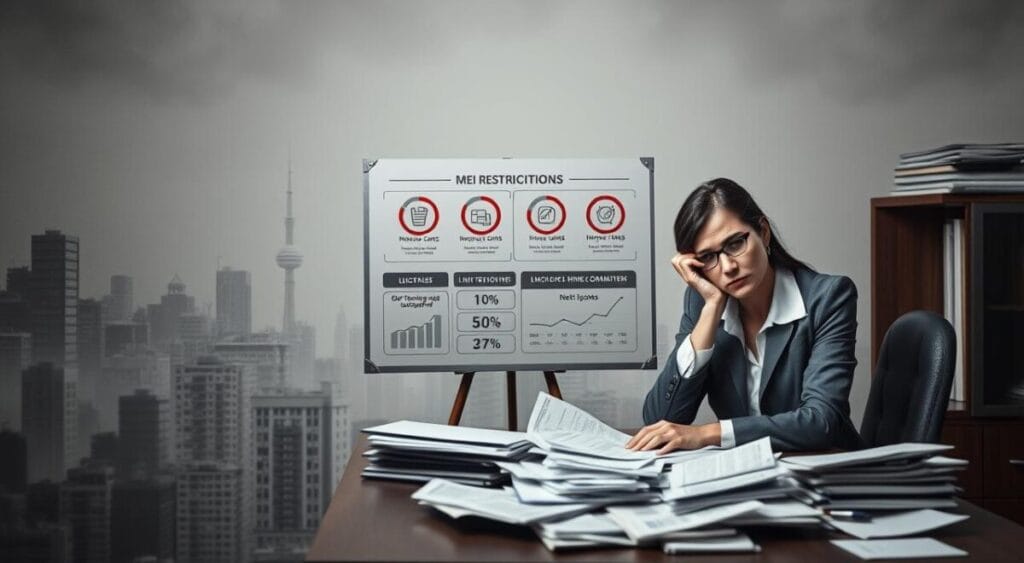 A visually striking representation of the disadvantages of being a Microempreendedor Individual (MEI). In the foreground, a worried businesswoman dressed in professional attire sits at a cluttered desk, surrounded by papers and financial documents, symbolizing the stress of navigating MEI restrictions. In the middle ground, a presentation board shows infographics highlighting limitations, such as income caps and lack of employee hiring. The background features a gray, abstract cityscape, conveying a sense of economic challenges. Soft, diffused lighting creates a somber mood, while a slight overhead angle enhances the feeling of urgency and complexity. The overall tone should evoke contemplation and concern regarding the constraints faced by MEIs.
