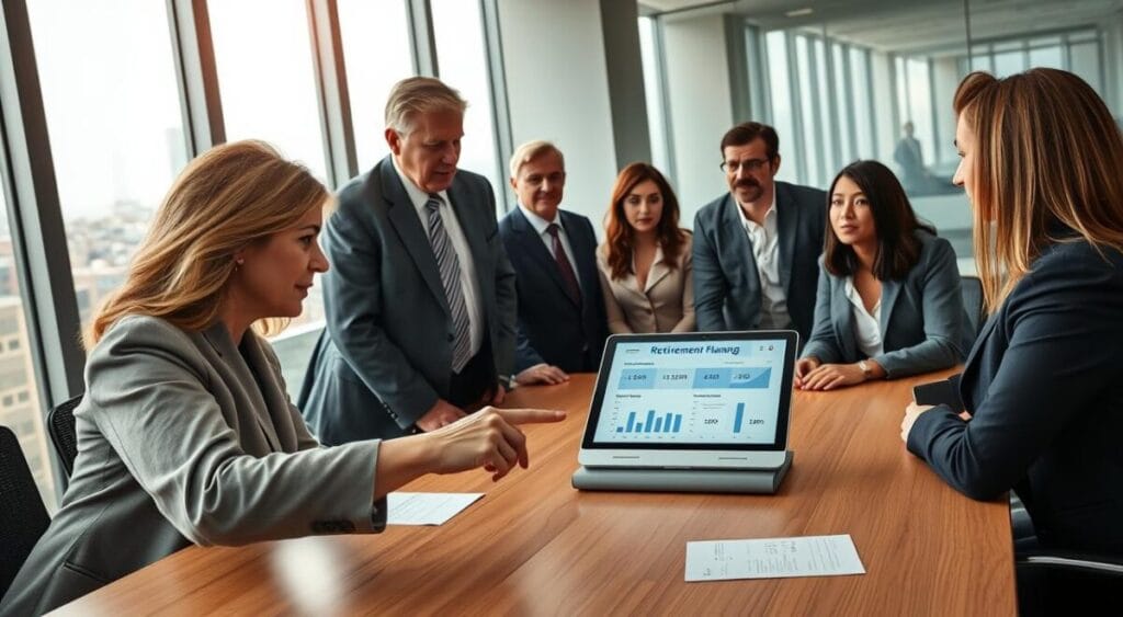 An office environment depicting a diverse group of professionals gathered around a conference table, actively discussing retirement planning with charts and graphs visible on a screen. The foreground shows a well-dressed woman, pointing at a digital tablet displaying statistics about retirement age and benefits. In the middle, several colleagues, including a middle-aged man in a suit and a younger woman in business casual attire, are engaged in conversation, conveying a sense of teamwork and collaboration. The background features windows with soft, natural light streaming in, showcasing a cityscape. The atmosphere is focused and analytical, emphasizing the importance of understanding retirement updates while maintaining a professional tone. The image should be bright and inviting, ensuring clarity and an organized layout without any text or distractions.